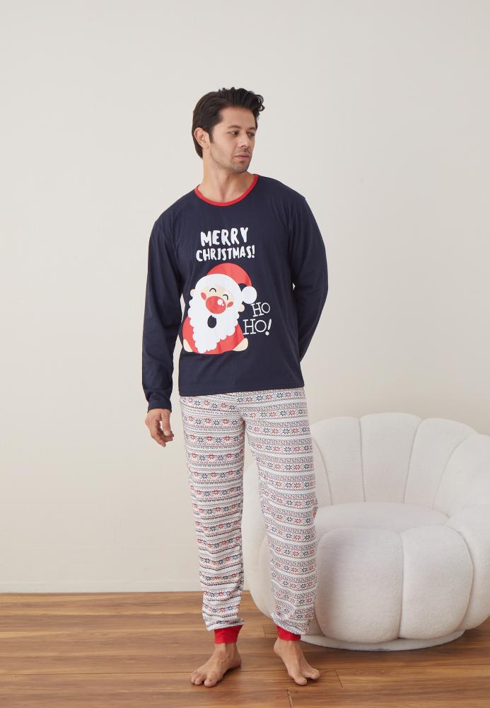 Pijama barbati Craciun " MERRY CHRISMAS" maneca lunga ,pantaloni lungi,Culoare Bleumarin, Engros